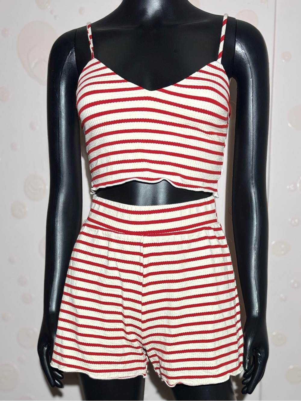 SOLAÍ The Label Red White Striped Ribbed Knit Crop Top & Shorts Lounge Set XS